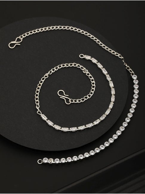 Aatmana Silver-Toned & White Cubic Zirconia Rhodium-Plated Link Bracelet - Set of 2-picture-32