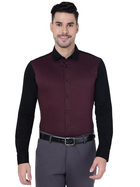 JB Studio Maroon & Black Cotton Slim Fit Shirt
