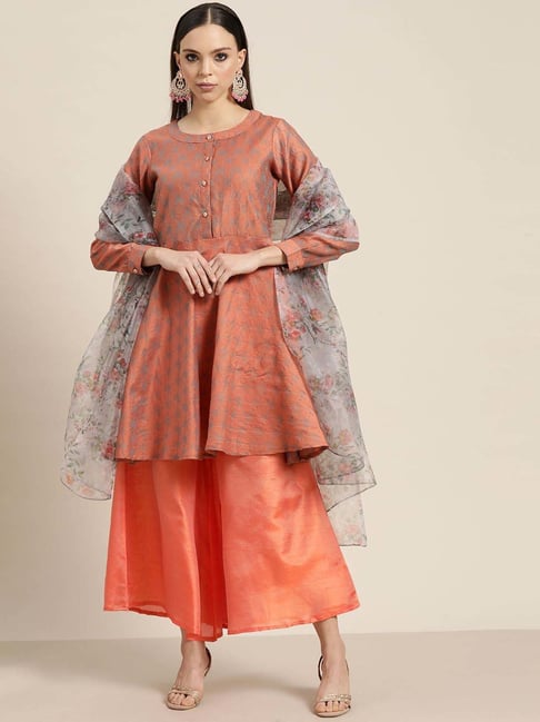 ADR Women's Chikankari Handwork Straight Dyed Orange Kurti, Sharara & – ADR  CHIKAN