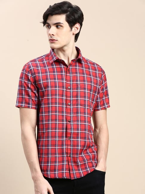 Buy SHOWOFF Bright Red Cotton Slim Fit Checks Shirt for Mens Online Tata CLiQ