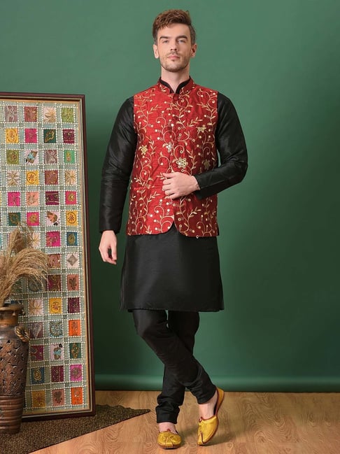 Buy Red Color Cotton Silk Fabric Kurta Pajama with Jacket Online