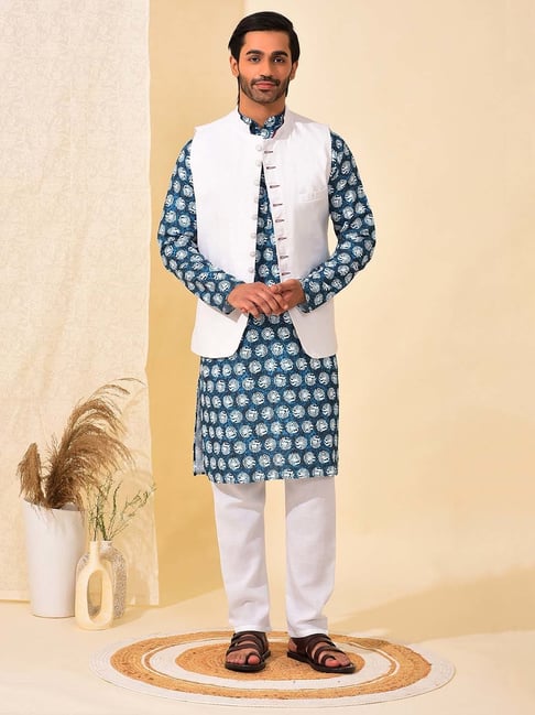 Blue Checks Ethnic Nehru Jacket and White Kurta Set for Men - VedIndia.com