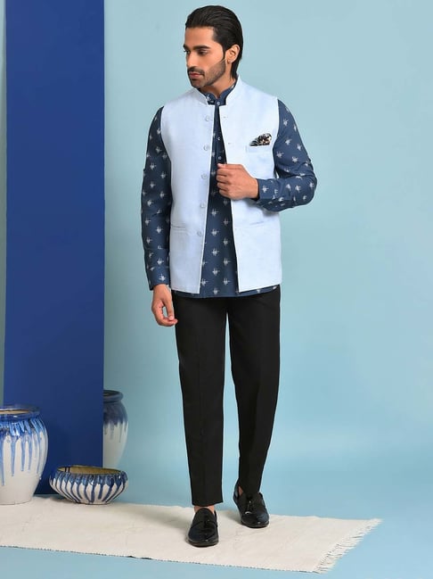 Men's Blue Color Jacket With Kurta Pant Set - Hilo Design | Embroidered  silk, Dupion silk, Aza fashion
