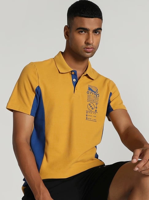 Puma Yellow Blue Cotton Slim Fit Printed Polo T Shirt