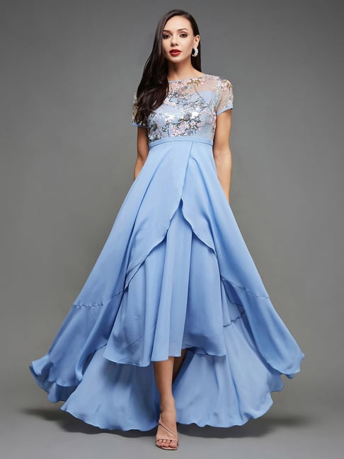 Miss Chase Blue Embellished High-low Dress