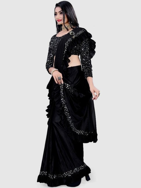 Party Wear Sarees With Designer Blouses- Ready Plated- black & silver  colour – Vpnam