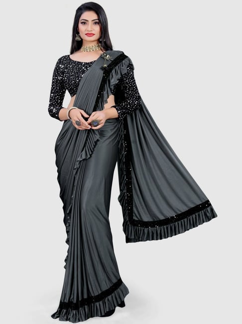 New Grey Color Beautiful Satin Saree With Elegant Black Sequence Blouse