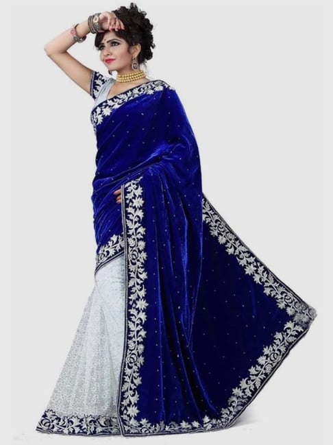 Printed Cotton Saree in White and Blue : SMA7691