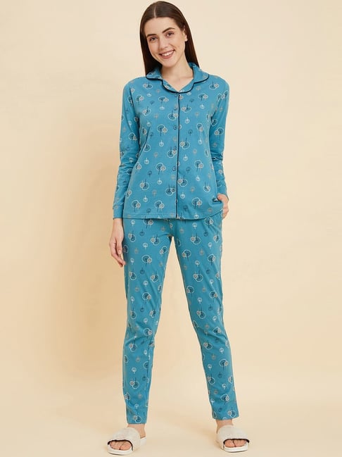Buy Sweet Dreams Turquoise Cotton Printed Shirt Pyjama Set for