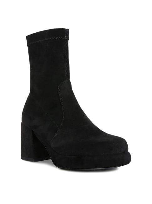 Black Vegan Suede Rhinestones Chain Pointed Stiletto Heel Ankle Boots |FSJshoes