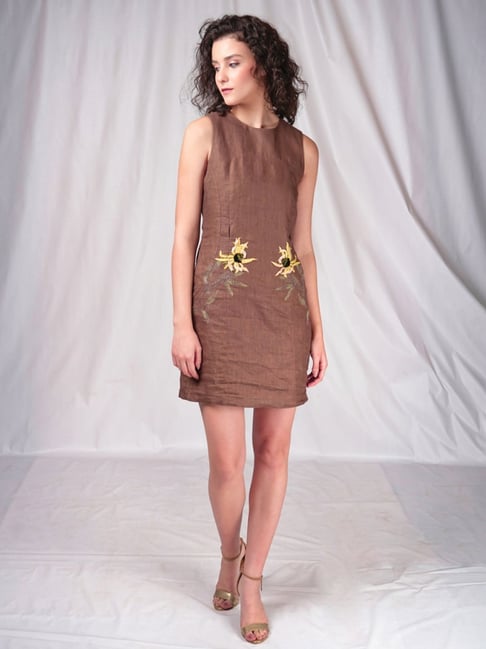 Buy Linen Dress With Floral Hand-embroidery for Women Online