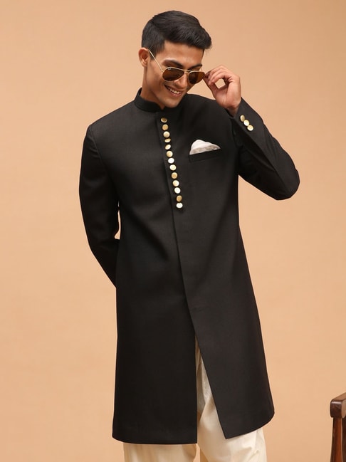 VASTRAMAY Black Regular Fit Sherwani Jacket