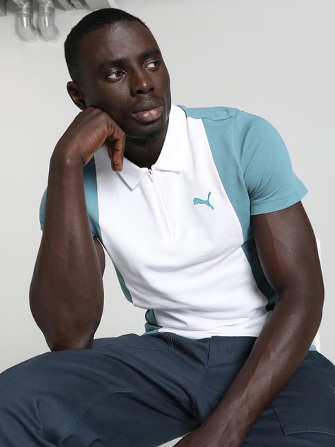 Puma White Blue Cotton Slim Fit Colour Block Polo T Shirt