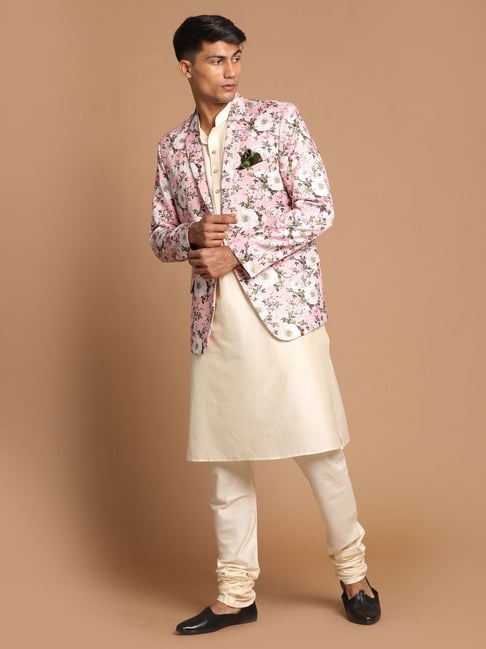 Buy VASTRAMAY Pink Cream Regular Fit Kurta Churidar With