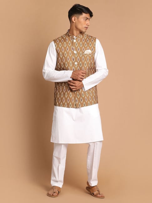 White Kurta Churidar Set & Silk Nehru Jacket 845MW65