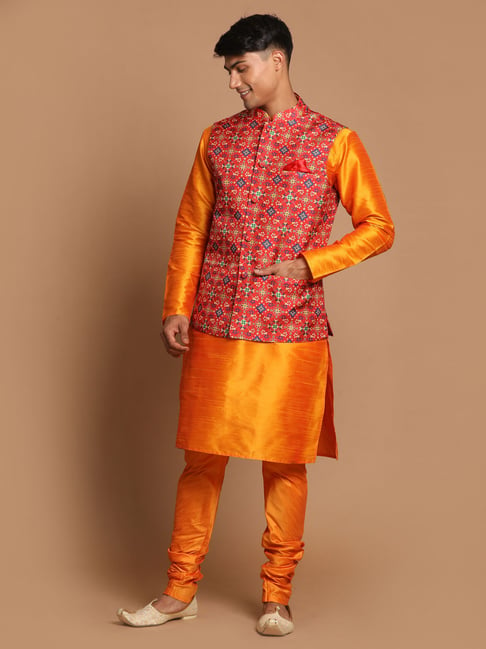 Buy Orange,White Cotton Mens Nehru Jacket (NMK-6945) Online