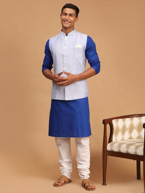 Buy Royal Heritage Dupion Silk Blue Kurta Pyjama and Nehru Jacket set  Online at Low Prices in India - Paytmmall.com