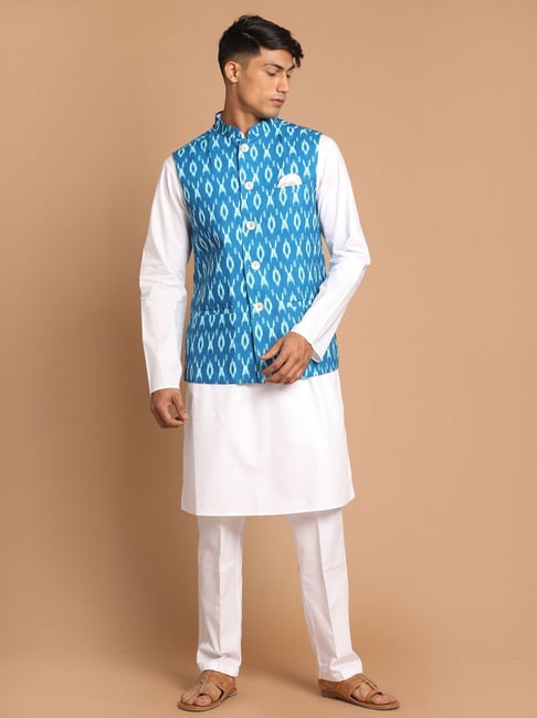 Buy SOJANYA Cotton Linen White Kurta With Pyjama & Sky Blue Nehru Jacket  (Set of 3) Online