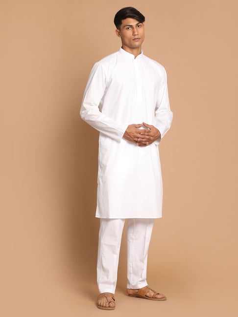 VASTRAMAY White Regular Fit Cotton Kurta Pants Set