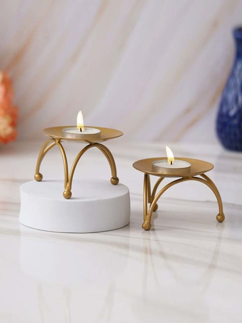 eCraftIndia Gold Iron Handcrafted Tea Light Candle Holder Stand - Set of 2-picture-16