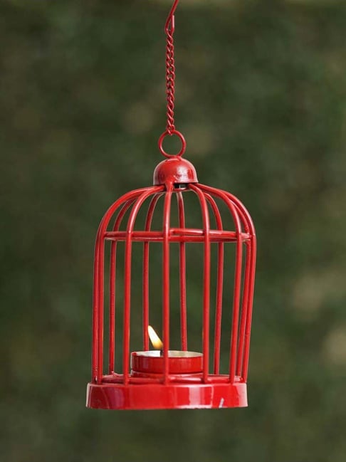 eCraftIndia Red Iron Iron Cage Shaped Tea Light Candle Holder With Hanging Chain-picture-13