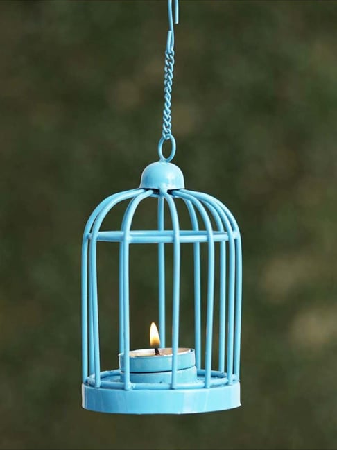 eCraftIndia Blue Iron Iron Cage Shaped Tea Light Candle Holder With Hanging Chain-picture-17