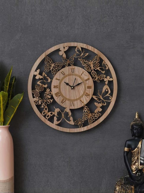 eCraftIndia Brown Wood Butterfly Designer Round Shape Roman Numerals Wall Clock