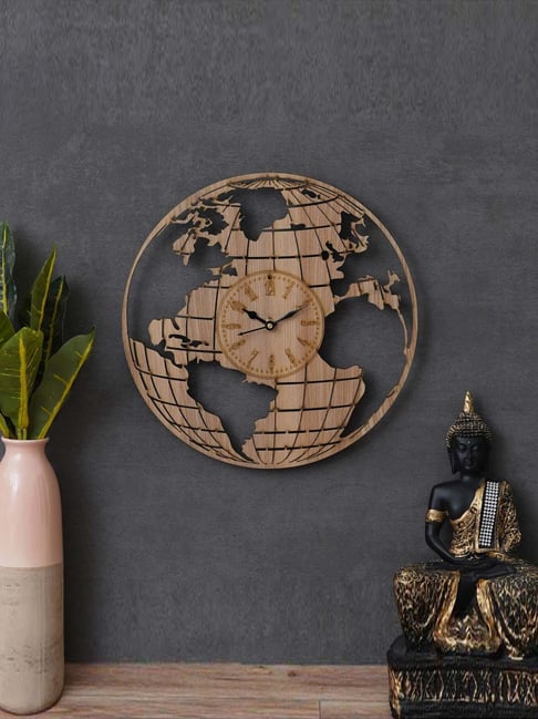 eCraftIndia Brown Wood Globe Designer Round Shape Wall Clock