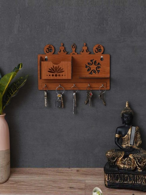 eCraftIndia Brown Wood Carved 5 Hooks Key Holder With Mobile Holder And Shelf-picture-33