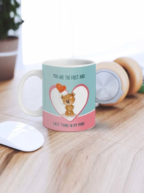 eCraftIndia Multicolor Ceramic Teddy Holding Heart Balloon Printed Coffee Mug (0.25 L)