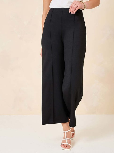 Women'S Black Way Stretch Mid Rise Cropped Leg Pants With Folded Pleats - Main Image