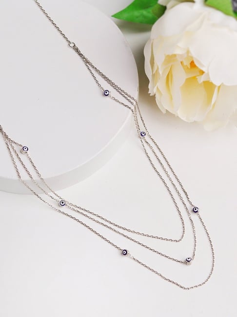 Curio Cottage 925 Silver Beaded Evil Eye Three Layered Chain Necklace-picture-12