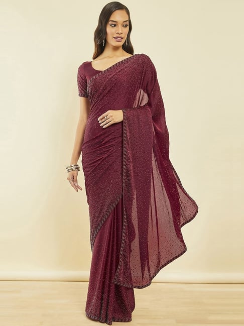 Mehendi Sangeet, Party Wear, Reception Red and Maroon color Shimmer fabric  Saree : 1883691