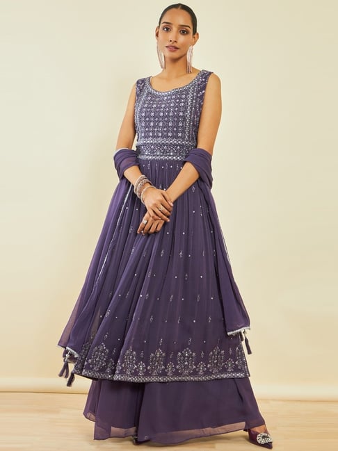 Soch Purple Georgette Zari Embroidered Nyra Cut Suit Set