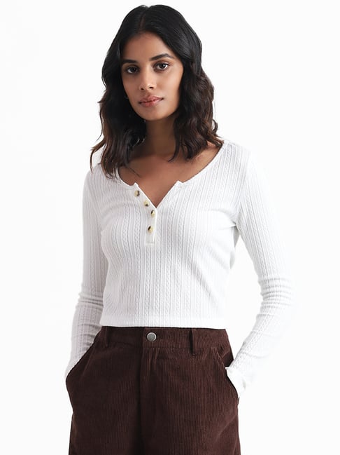 Buy Nuon by Westside White Self Patterned Crop Top for Online