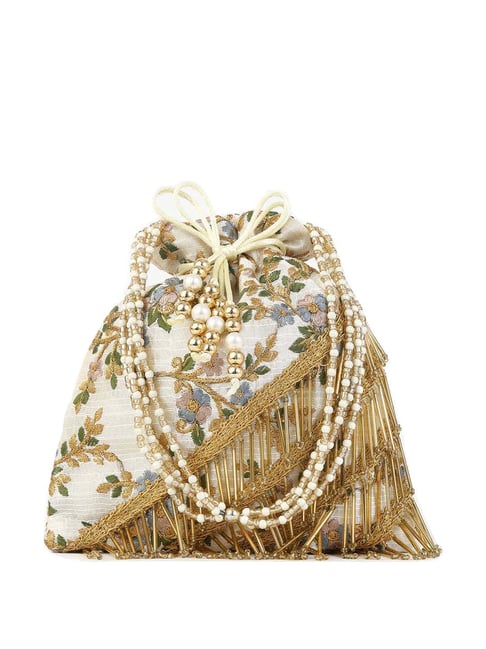 Buy Azai by Nykaa Fashion Off White Floral Embroidery Pearl Handle Potli Bag  online