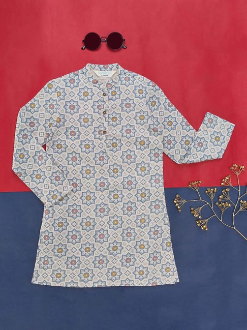 Indus Route by Pantaloons Kids Blue & White Cotton Floral Print Full Sleeves Kurta
