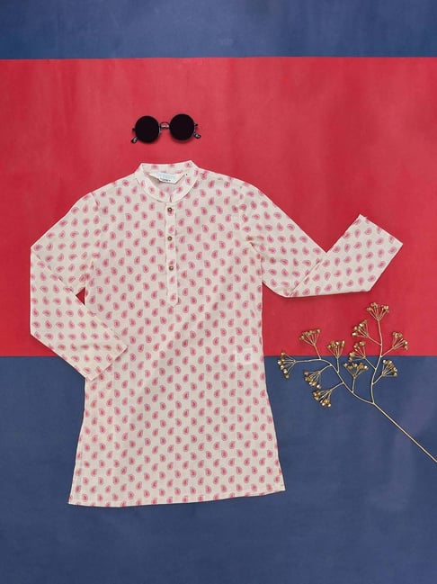 Indus Route by Pantaloons Kids Off-White & Pink Cotton Printed Full Sleeves Kurta