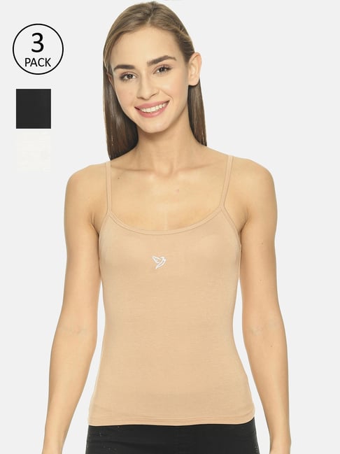 TWIN BIRDS Beige & Black Cotton Camisole - Pack Of 3