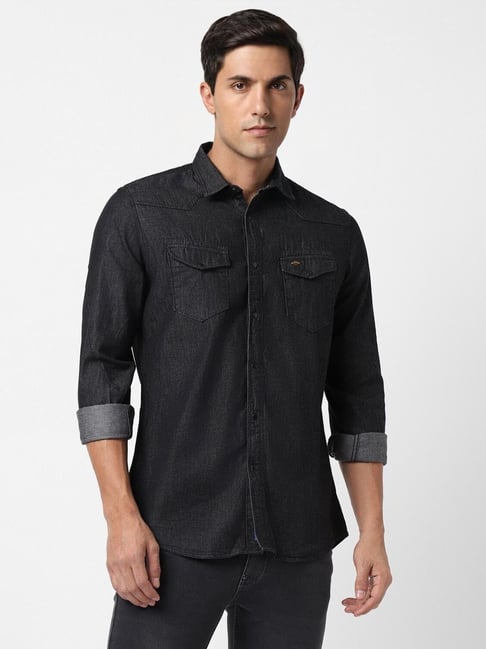 Van Heusen Denim Labs Black Cotton Slim Fit Texture Shirt