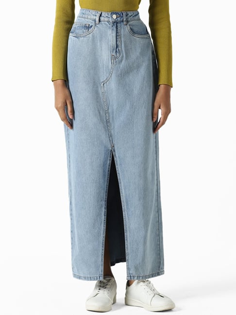 Nuon by Westside Solid Light Blue Denim Skirt