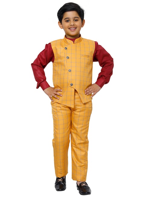 Pro-Ethic Style Developer Kids Yellow & Maroon Checks Full Sleeves Shirt, Waistcoat & Pants-picture-33