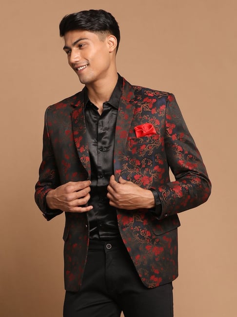 VASTRAMAY Maroon Regular Fit Floral Print Ethnic Blazer