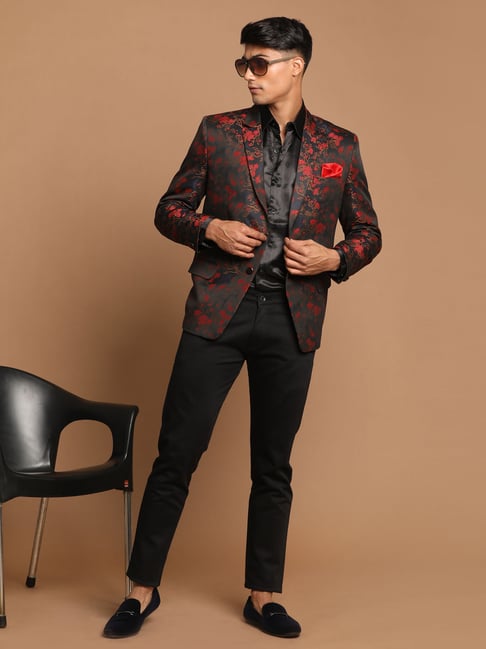 VASTRAMAY Maroon Regular Fit Floral Print Ethnic Blazer
