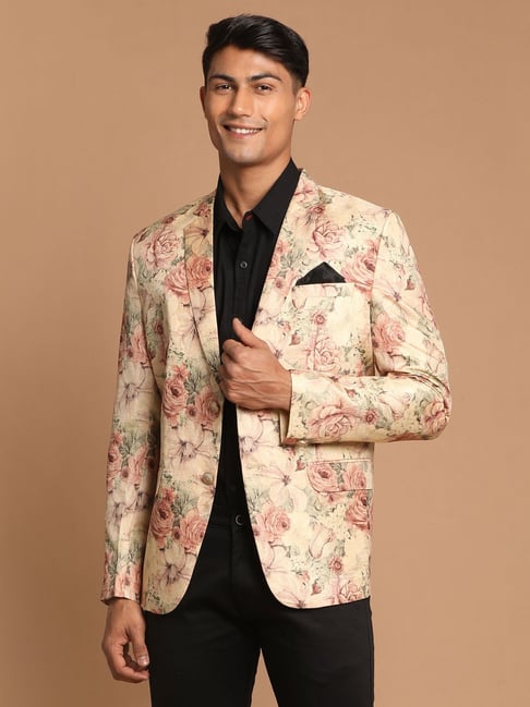 Buy VASTRAMAY Light Brown Regular Fit Floral Print Ethnic Blazer