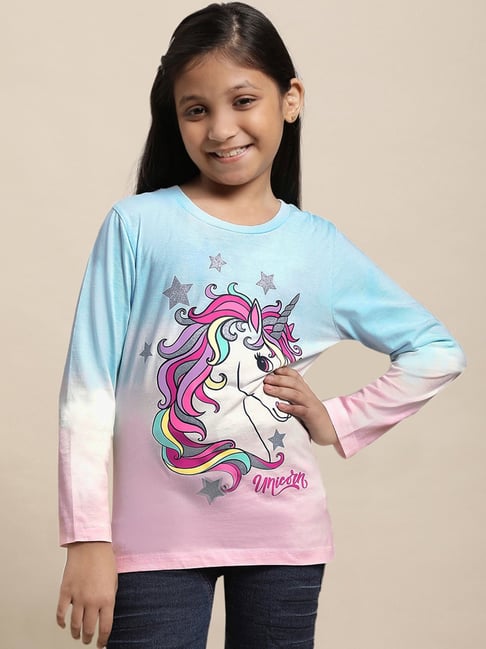 Kidsville Blue Pink Unicorn Print Full Sleeves T-Shirt