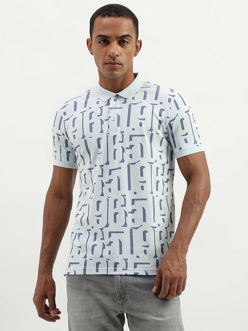 Men Blue Graphic Print Polo Neck T-shirt