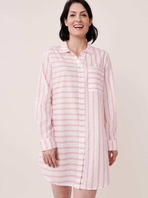 La Vie En Rose White Cotton Striped Night Shirt-picture-18