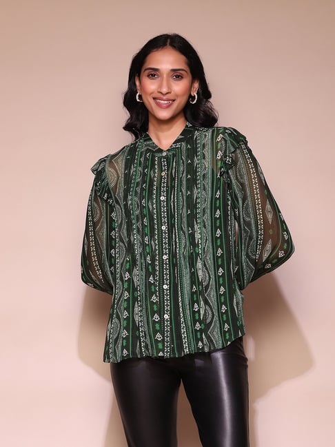 Label Ritu Kumar Green Printed Shirt With Inner-picture-36