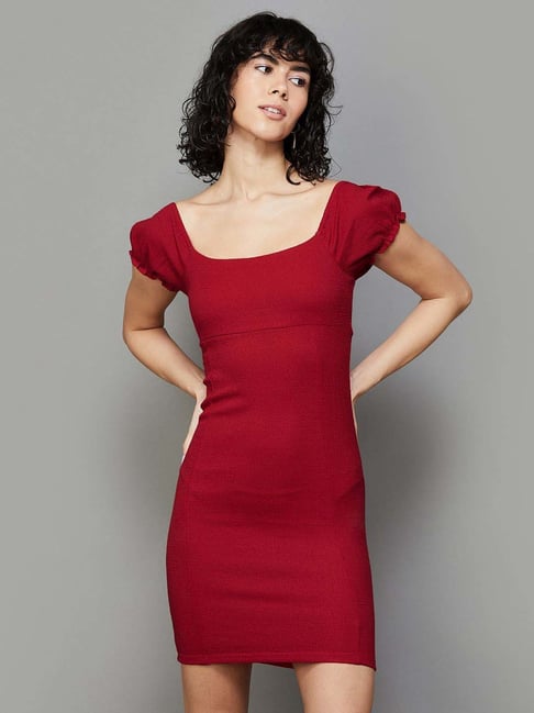 Buy RED U-NECK BELOW-KNEE BODYCON DRESS for Women Online in India